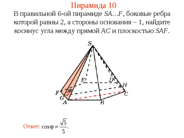 Пирамида 10 В правильной 6- ой пирамиде  SA … F , боковые ребра которой равны 2,  а стороны основания – 1, н айдите косинус угла между прямой AC и плоскостью SAF . В режиме слайдов ответ появляется после кликанья мышкой. Ответ:  
