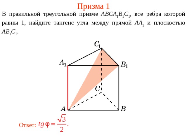 Призма 1 В правильной треугольной призме ABCA 1 B 1 C 1 , все ребра которой равны 1, найдите тангенс угла между прямой AA 1 и плоскостью  AB 1 C 1 . Ответ: 