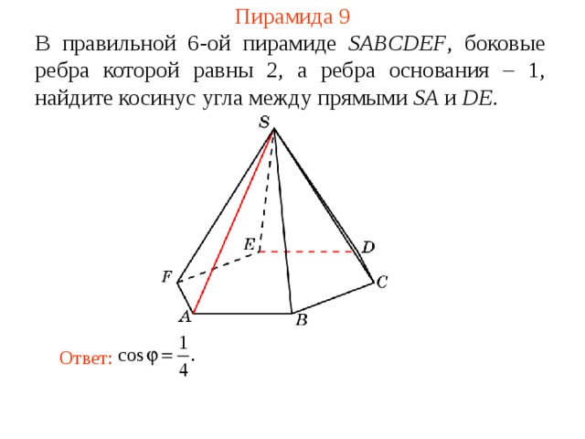 Пирамида 9 В правильной 6-ой пирамиде  SABCDEF , боковые ребра которой равны 2,  а ребра основания – 1, н айдите косинус угла между прямыми SA и DE . В режиме слайдов ответ появляется после кликанья мышкой. Ответ: 24 