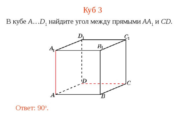 Куб 3 В кубе A … D 1 найдите у гол между прямыми  AA 1 и CD . В режиме слайдов ответ появляется после кликанья мышкой. Ответ: 90 o .  