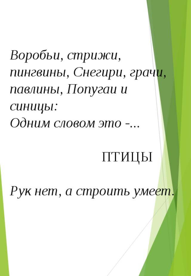 Воробьи, стрижи, пингвины, Снегири, грачи, павлины, Попугаи и синицы: Одним словом это -...   ПТИЦЫ Рук нет, а строить умеет.   