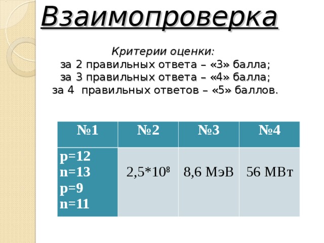 Взаимопроверка     Критерии оценки:  за 2 правильных ответа – «3» балла;  за 3 правильных ответа – «4» балла;  за 4 правильных ответов – «5» баллов. № 1 № 2 p=12 n=13 p=9 n=11 № 3   2,5*10 8 № 4   8,6 МэВ   56 МВт 
