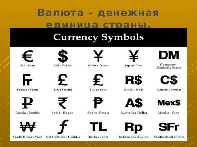 Валюта – денежная единица страны. 