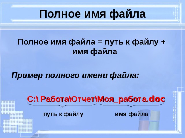 Полное имя файла Полное имя файла = путь к файлу + имя файла Пример полного имени файла:  С:\ Работа\Отчет\Моя_работа. doc путь к файлу имя файла 