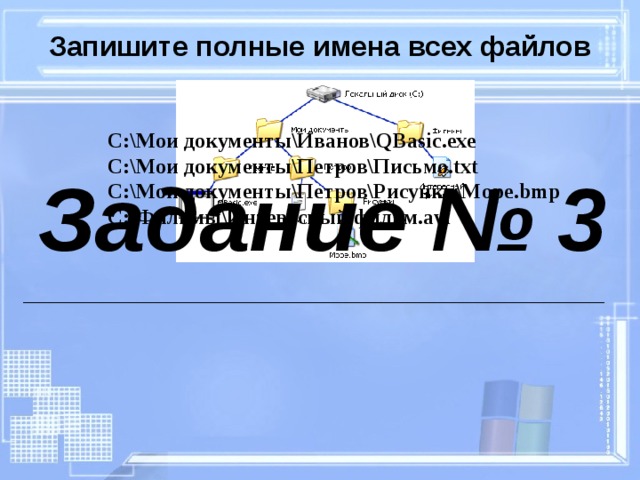 Запишите полные имена всех файлов C:\Мои документы\Иванов\ QBasic .exe C:\Мои документы\Петров\Письмо. txt C:\Мои документы\Петров\Рисунки \ Море. bmp C:\Фильмы\Интересный фильм. avi Задание № 3 __________________________________________ 