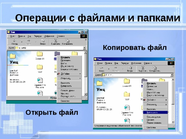 Перечислите основные операции с файлами и папками и опишите способы их реализации