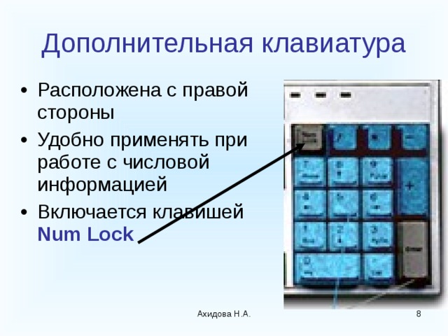 Дополнительная клавиатура Расположена с правой стороны Удобно применять при работе с числовой информацией Включается клавишей Num Lock Ахидова Н.А.   