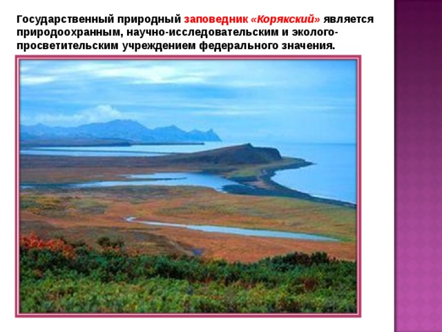 Государственный природный заповедник  «Корякский» является природоохранным, научно-исследовательским и эколого-просветительским учреждением федерального значения. 
