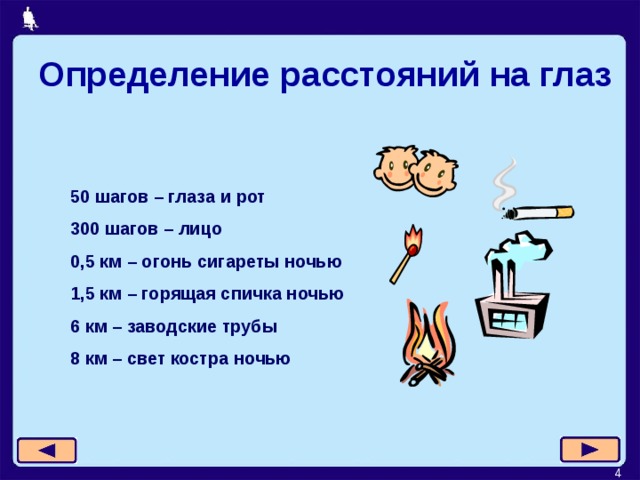 Определение расстояний на глаз 50 шагов – глаза и рот 300 шагов – лицо 0,5 км – огонь сигареты ночью 1,5 км – горящая спичка ночью 6 км – заводские трубы 8 км – свет костра ночью 3 