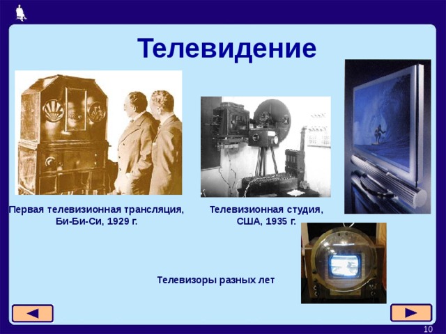  Телевидение Телевизионная студия,  США, 1935 г. Первая телевизионная трансляция, Би-Би-Си, 1929 г. Телевизоры разных лет  