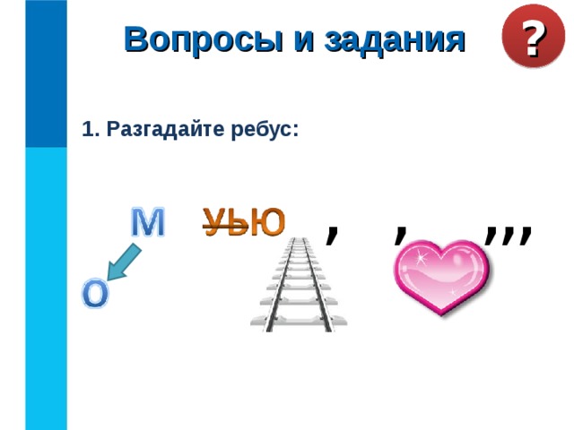 Вопросы и задания ? 1. Разгадайте ребус: , , , , , 