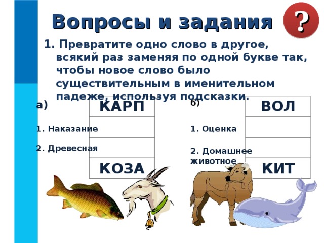 Вопросы и задания ? 1. Превратите одно слово в другое, всякий раз заменяя по одной букве так, чтобы новое слово было существительным в именительном падеже, используя подсказки. а) б) ВОЛ КАРП КОЗА КИТ 1. Наказание 1. Оценка 2. Древесная 2. Домашнее животное 