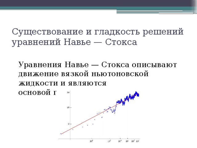 Существование и гладкость решений уравнений Навье — Стокса Уравнения Навье — Стокса описывают движение вязкой ньютоновской жидкости и являются основой гидродинамики 