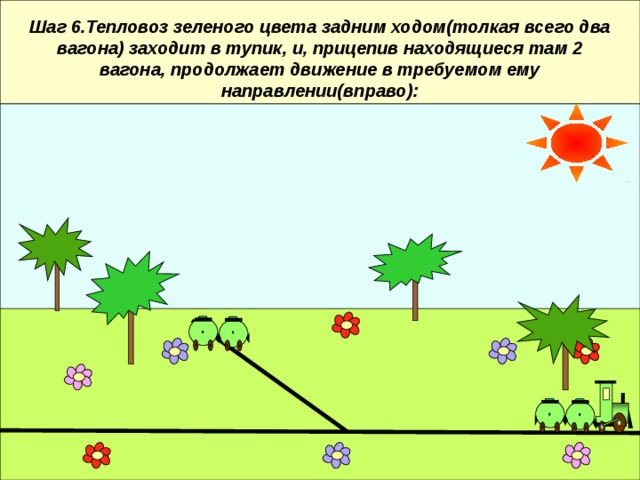  Шаг 6.Тепловоз зеленого цвета задним ходом(толкая всего два вагона) заходит в тупик, и, прицепив находящиеся там 2 вагона, продолжает движение в требуемом ему направлении(вправо): 