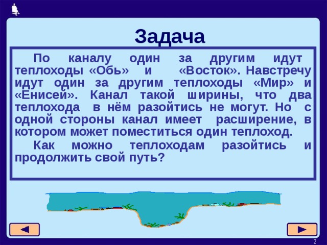 Задача По каналу один за другим идут теплоходы «Обь» и  «Восток». Навстречу идут один за другим теплоходы «Мир» и «Енисей». Канал такой ширины, что два теплохода в нём разойтись не могут. Но с одной стороны канал имеет расширение, в котором может поместиться один теплоход. Как можно теплоходам разойтись и продолжить свой путь?   