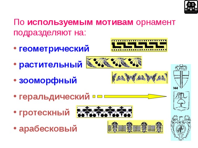 По используемым мотивам орнамент подразделяют на:   геометрический  растительный  зооморфный  геральдический  гротескный  арабесковый 