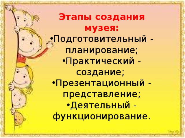 Этапы создания музея: Подготовительный - планирование; Практический - создание;  Презентационный - представление; Деятельный - функционирование. 