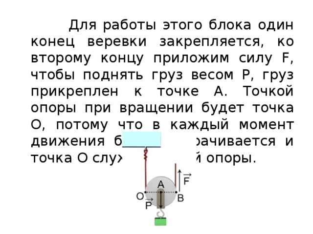  Для работы этого блока один конец веревки закрепляется, ко второму концу приложим силу F, чтобы поднять груз весом P, груз прикреплен к точке A. Точкой опоры при вращении будет точка О, потому что в каждый момент движения блок поворачивается и точка O служит точкой опоры. 