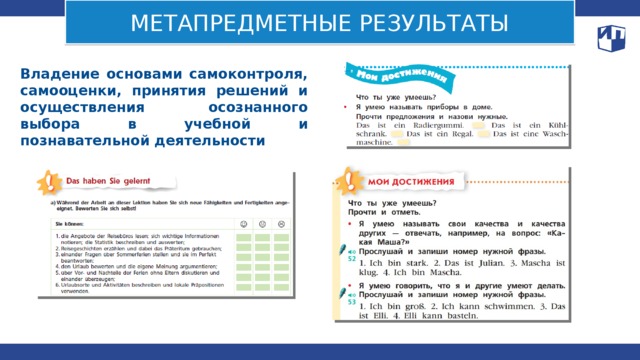 МЕТАПРЕДМЕТНЫЕ РЕЗУЛЬТАТЫ Владение основами самоконтроля, самооценки, принятия решений и осуществления осознанного выбора в учебной и познавательной деятельности 