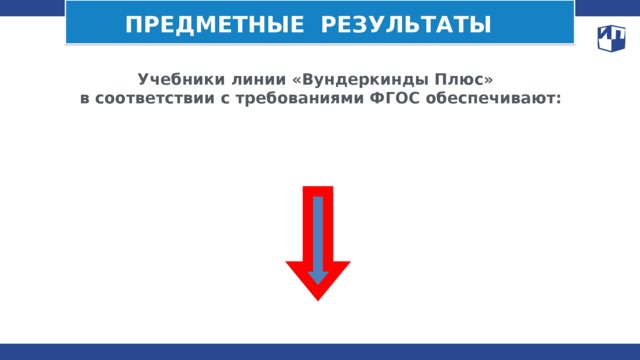 ПРЕДМЕТНЫЕ РЕЗУЛЬТАТЫ  Учебники линии «Вундеркинды Плюс»  в соответствии с требованиями ФГОС обеспечивают: 