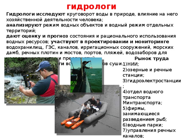 гидрологи Гидрологи исследуют круговорот воды в природе, влияние на него хозяйственной деятельности человека; анализируют режим водных объектов и водный режим отдельных территорий; дают оценку и прогноз состояния и рационального использования водных ресурсов; участвуют  в проектировании и мониторинге водохранилищ, ГЭС, каналов, ирригационных сооружений, морских дамб, речных плотин и мостов, портов, пляжей, водозаборов для населенных пунктов и предприятий;  составляют каталоги водных объектов суши. Рынок труда 1)НИИ; 2)озерные и речные станции; 3)гидроэлектростанции ; 4)отдел водного транспорта Минтранспорта; 5)фирмы, занимающиеся разведением рыб; 6)водные парки; 7)управления речных каналов; 8)речные порты; 9)Гидрометеоцентр РФ; 10)МЧС РФ. 