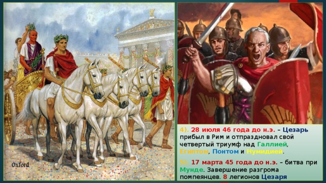 4). 28 июля 46 года до н.э. – Цезарь прибыл в Рим и отпраздновал свой четвертый триумф над Галлией , Египтом , Понтом и Нумидией . 5). 17 марта 45 года до н.э. – битва при Мунде . Завершение разгрома помпеянцев. 8 легионов Цезаря разгромили 13 легионов противника. 