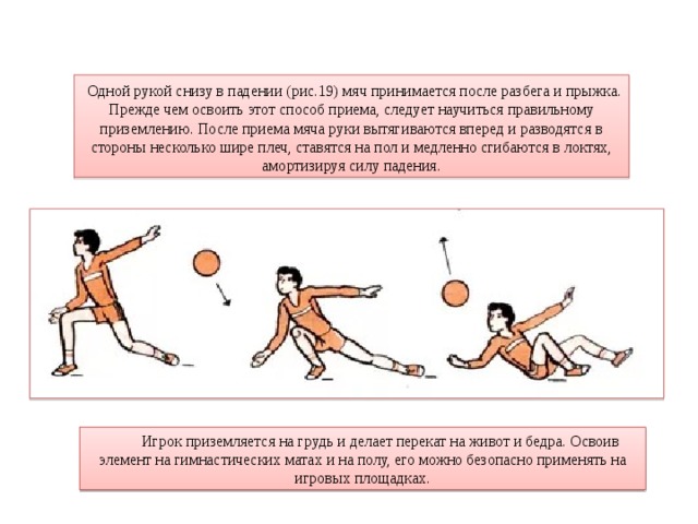  Одной рукой снизу в падении (рис.19) мяч принимается после разбега и прыжка. Прежде чем освоить этот способ приема, следует научиться правильному приземлению. После приема мяча руки вытягиваются вперед и разводятся в стороны несколько шире плеч, ставятся на пол и медленно сгибаются в локтях, амортизируя силу падения.  Игрок приземляется на грудь и делает перекат на живот и бедра. Освоив элемент на гимнастических матах и на полу, его можно безопасно применять на игровых площадках. 