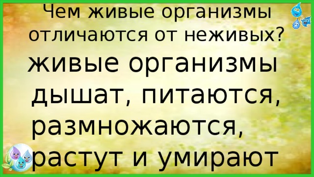 Чем живые организмы отличаются от неживых?  живые организмы дышат, питаются, размножаются, растут и умирают 