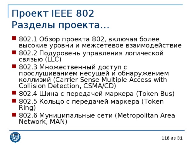 Проект IEEE 802  Разделы проекта… 802.1 Обзор проекта 802, включая более высокие уровни и межсетевое взаимодействие 802.2 Подуровень управления логической связью (LLC) 802.3 Множественный доступ с прослушиванием несущей и обнаружением коллизий (Carrier Sense Multiple Access with Collision Detection, CSMA/CD) 802.4 Шина с передачей маркера (Token Bus) 802.5 Кольцо с передачей маркера (Token Ring) 802.6 Муниципальные сети (Metropolitan Area Network, MAN)  