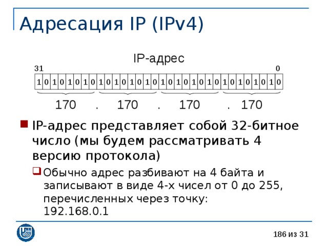 Адресация IP ( IPv4 ) IP- адрес 31 0 170 170 170 . . . 170 IP- адрес представляет собой 32-битное число (мы будем рассматривать 4 версию протокола) Обычно адрес разбивают на 4 байта и записывают в виде 4-х чисел от 0 до 255, перечисленных через точку:  192.168.0.1 Обычно адрес разбивают на 4 байта и записывают в виде 4-х чисел от 0 до 255, перечисленных через точку:  192.168.0.1 
