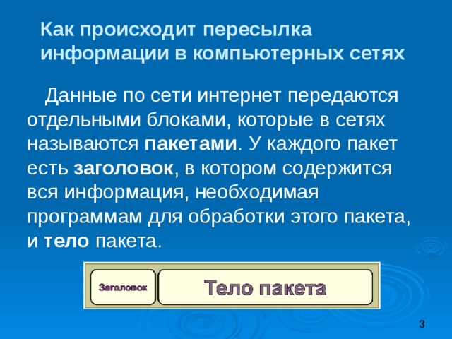 Как происходит пересылка  информации в компьютерных сетях Данные по сети интернет передаются отдельными блоками, которые в сетях называются пакетами . У каждого пакет есть заголовок , в котором содержится вся информация, необходимая программам для обработки этого пакета, и тело пакета. 