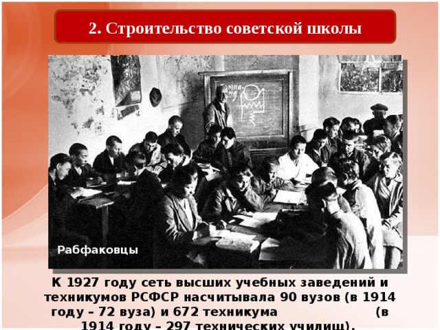 2. Строительство советской школы Рабфаковцы К 1927 году сеть высших учебных заведений и техникумов РСФСР насчитывала 90 вузов (в 1914 году – 72 вуза) и 672 техникума (в 1914 году – 297 технических училищ). 