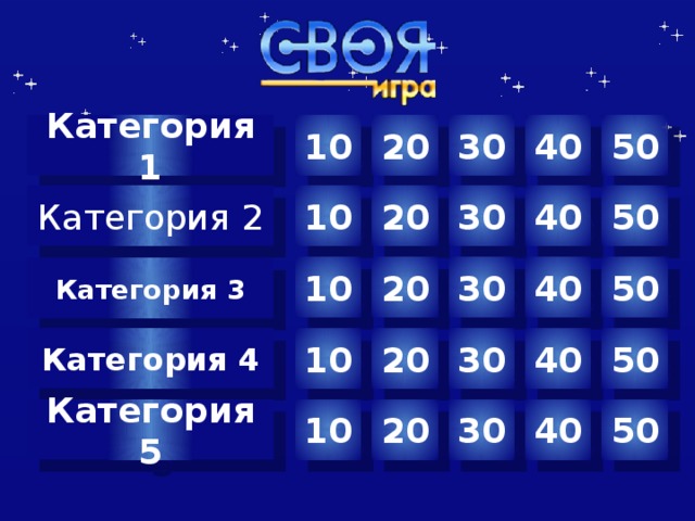 10 Категория 1 30 40 50 20 Категория 2 40 50 30 20 10 20 30 40 50 10 Категория 3 Категория 4 20 40 50 30 10 Своя Игра 20 30 40 50 10 Категория 5  