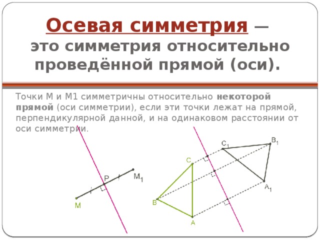 Осевая симметрия  —   это симметрия относительно проведённой прямой (оси). Точки M и M1 симметричны относительно  некоторой прямой  (оси симметрии), если эти точки лежат на прямой, перпендикулярной данной, и на одинаковом расстоянии от оси симметрии. 