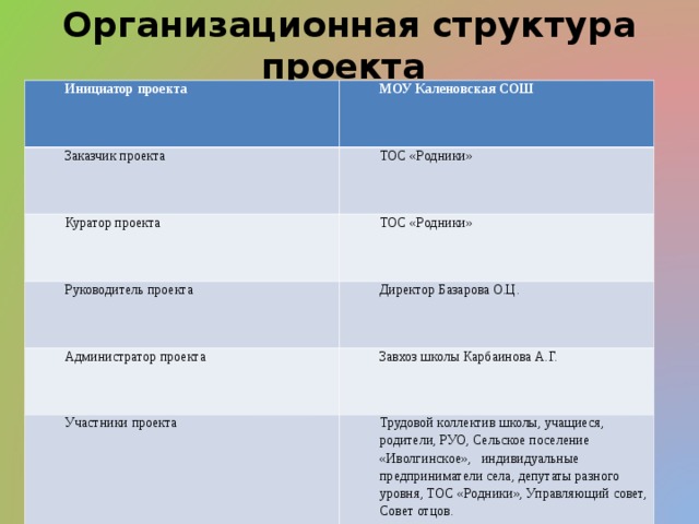 Организационная структура проекта   Инициатор проекта МОУ Каленовская СОШ Заказчик проекта ТОС «Родники» Куратор проекта ТОС «Родники» Руководитель проекта Директор Базарова О.Ц. Администратор проекта Завхоз школы Карбаинова А.Г. Участники проекта Трудовой коллектив школы, учащиеся, родители, РУО, Сельское поселение «Иволгинское», индивидуальные предприниматели села, депутаты разного уровня, ТОС «Родники», Управляющий совет, Совет отцов. 