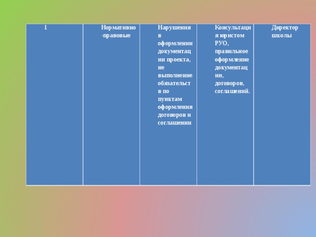 1 Нормативно-правовые Нарушения в оформлении документации проекта, не выполнение обязательств по пунктам оформления договоров и соглашении Консультация юристом РУО, правильное оформление документации, договоров, соглашений. Директор школы 