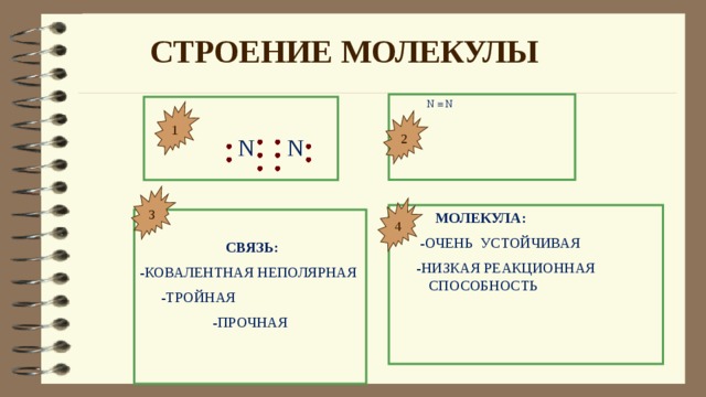  СТРОЕНИЕ МОЛЕКУЛЫ  N  N  N  N 1 2 3 4  МОЛЕКУЛА:  -ОЧЕНЬ УСТОЙЧИВАЯ  -НИЗКАЯ РЕАКЦИОННАЯ СПОСОБНОСТЬ   СВЯЗЬ: -КОВАЛЕНТНАЯ НЕПОЛЯРНАЯ -ТРОЙНАЯ -ПРОЧНАЯ 