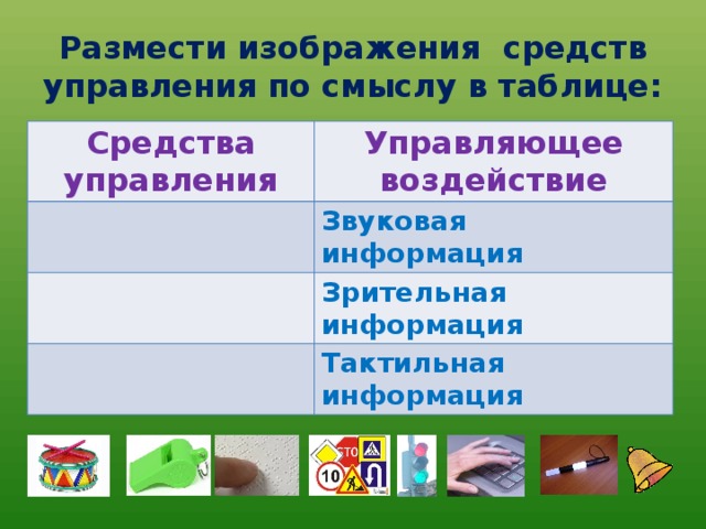 Размести изображения средств управления по смыслу в таблице: Средства управления Управляющее воздействие Звуковая информация Зрительная информация Тактильная информация 