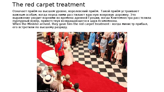 The red carpet treatment  Означает приём на высшем уровне, королевский приём.  Такой приём устраивают важным особам, когда перед ними расстилают красную ковровую дорожку. Это выражение уходит корнями во времена древней Греции, когда Клитемнестра расстелила пурпурный ковёр, приветствуя возвращающегося царя Агамемнона.  When the Minister arrived, they gave him the red carpet treatment - когда министр прибыл, его встретили по высшему разряду. 