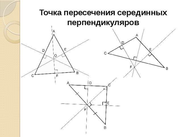 Нарисуйте в треугольнике abc серединные перпендикуляры и отметьте их точку пересечения буквой о