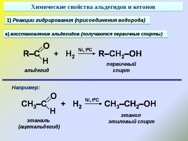 Химические свойства альдегидов и кетонов 1) Реакции гидрирования (присоединения водорода) а) восстановление альдегидов (получаются первичные спирты) первичный спирт альдегид Например: этанол этиловый спирт этаналь (ацетальдегид) 