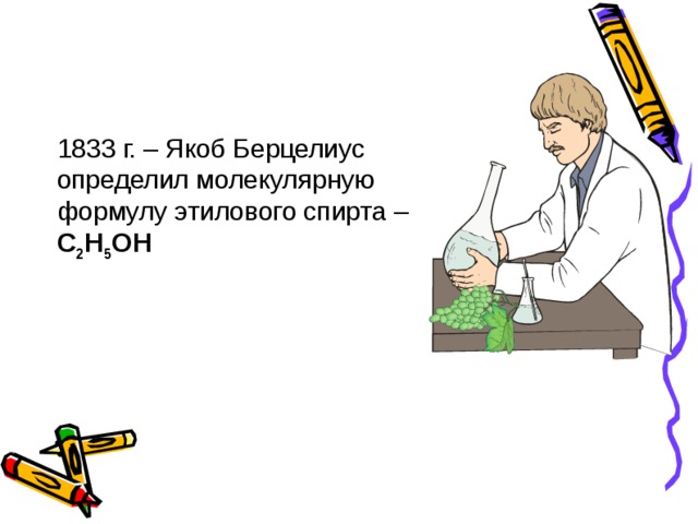 1833 г. – Якоб Берцелиус определил молекулярную формулу этилового спирта – C 2 H 5 O Н  