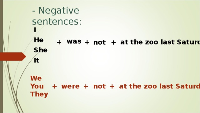 - Negative sentences:   I He She It was + at the zoo last Saturday + not + We You They not were + + + at the zoo last Saturday 