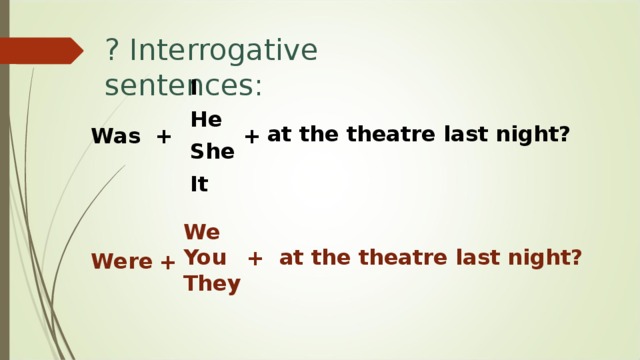? Interrogative sentences:   I He She It at the theatre last night ?  Was + + We You They at the theatre last night ?  + Were + 