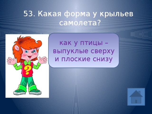 53. Какая форма у крыльев самолета? как у птицы – выпуклые сверху и плоские снизу ответ 