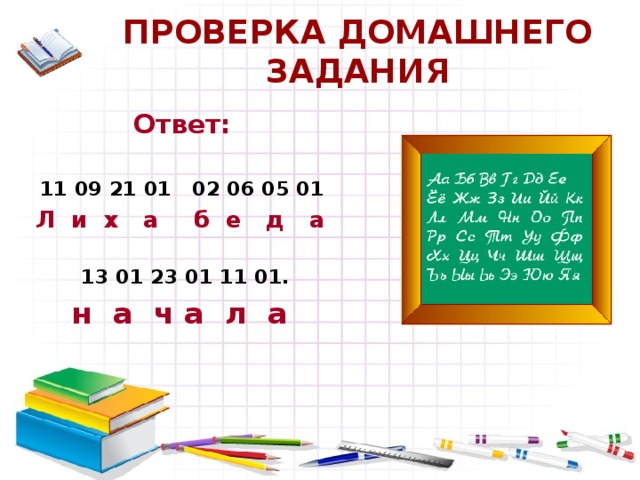 ПРОВЕРКА ДОМАШНЕГО ЗАДАНИЯ Ответ:  11 09 21 01 02 06 05 01  Л и х а  б е д а   13 01 23 01 11 01.  н а ч а л а