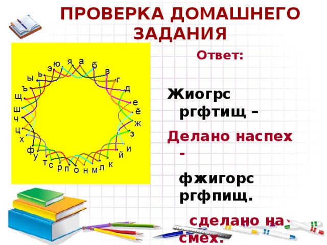 ПРОВЕРКА ДОМАШНЕГО ЗАДАНИЯ Ответ:  Жиогрс ргфтищ – Делано наспех -  фжигорс ргфпищ.   сделано на смех.