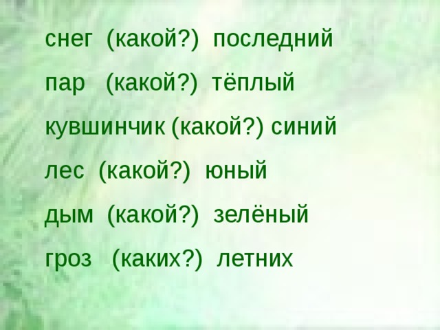 снег (какой?) последний пар (какой?) тёплый кувшинчик (какой?) синий лес (какой?) юный дым (какой?) зелёный гроз (каких?) летних 