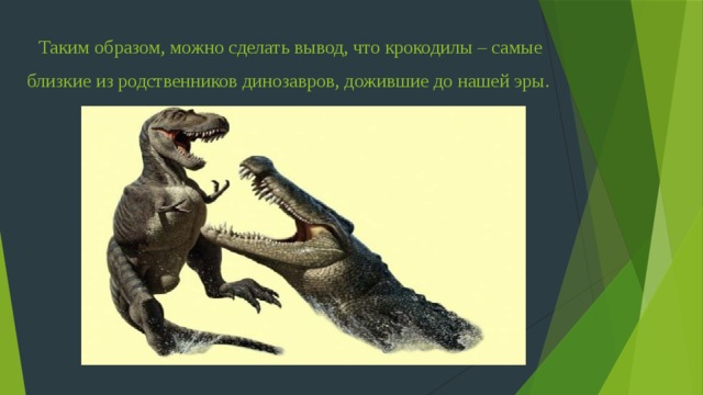 Таким образом, можно сделать вывод, что крокодилы – самые близкие из родственников динозавров, дожившие до нашей эры.  
