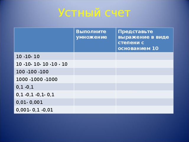 Устный счет   1010 = 10 10 10= 0,1 0,1= 0,10,10,10,1 ·  Выполните умножение 10 · 10 · 10 Представьте выражение в виде степени с основанием 10 10 · 10 · 10 · 10 · 10 · 10 100 · 100 · 100 1000 · 1000 · 1000 0,1 · 0,1 0,1 · 0,1 · 0,1 · 0,1 0,01 · 0,001 0,001 · 0,1 · 0,01 